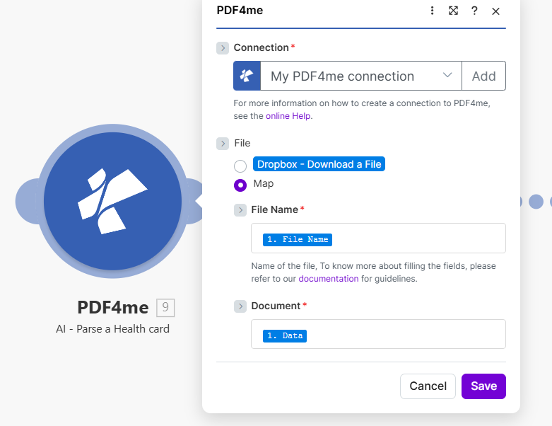 El módulo Tarjeta de salud del proceso de IA de PDF4me muestra Conexión configurada en Mi conexión de PDF4me, Archivo configurado en Asignar con Nombre de archivo asignado desde 1. Nombre de archivo y Documento asignado desde 1. Datos